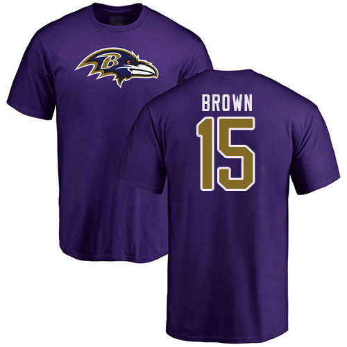 Men Baltimore Ravens Purple Marquise Brown Name and Number Logo NFL Football #15 T Shirt